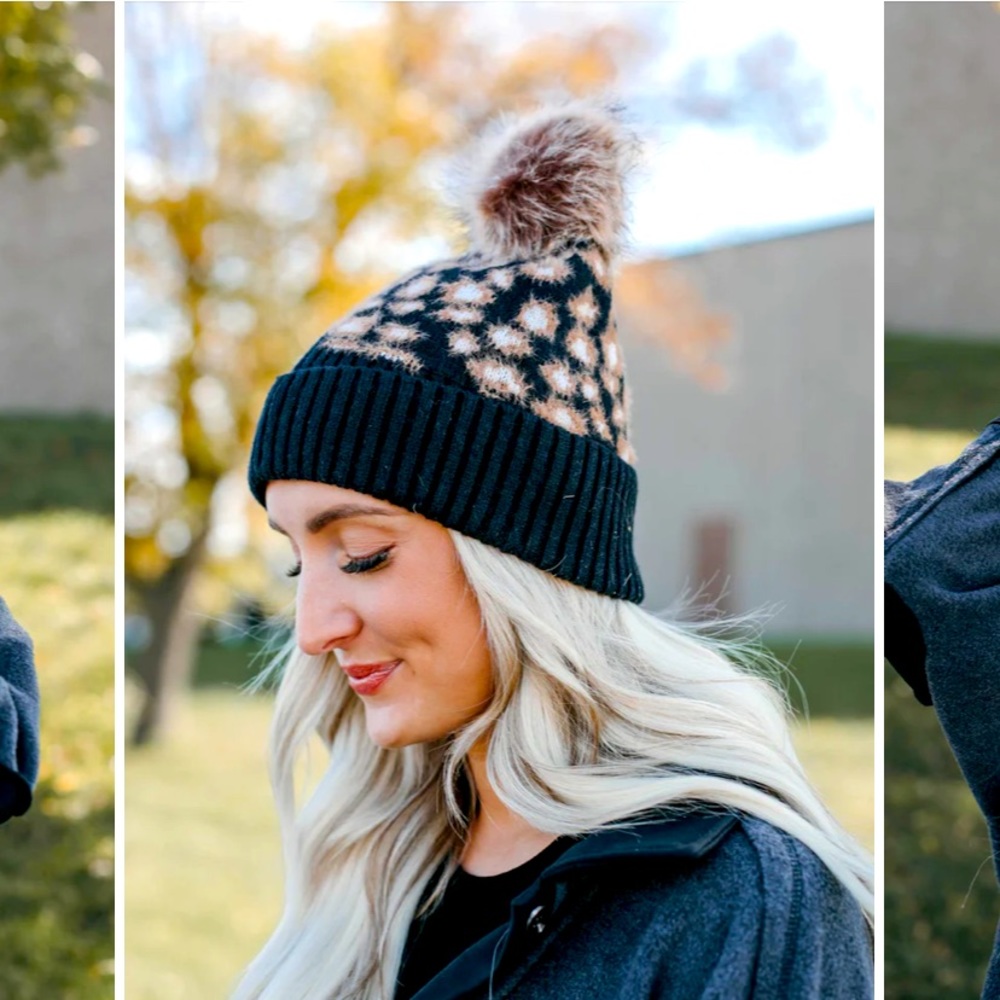 Black Leopard Pom Beanie
